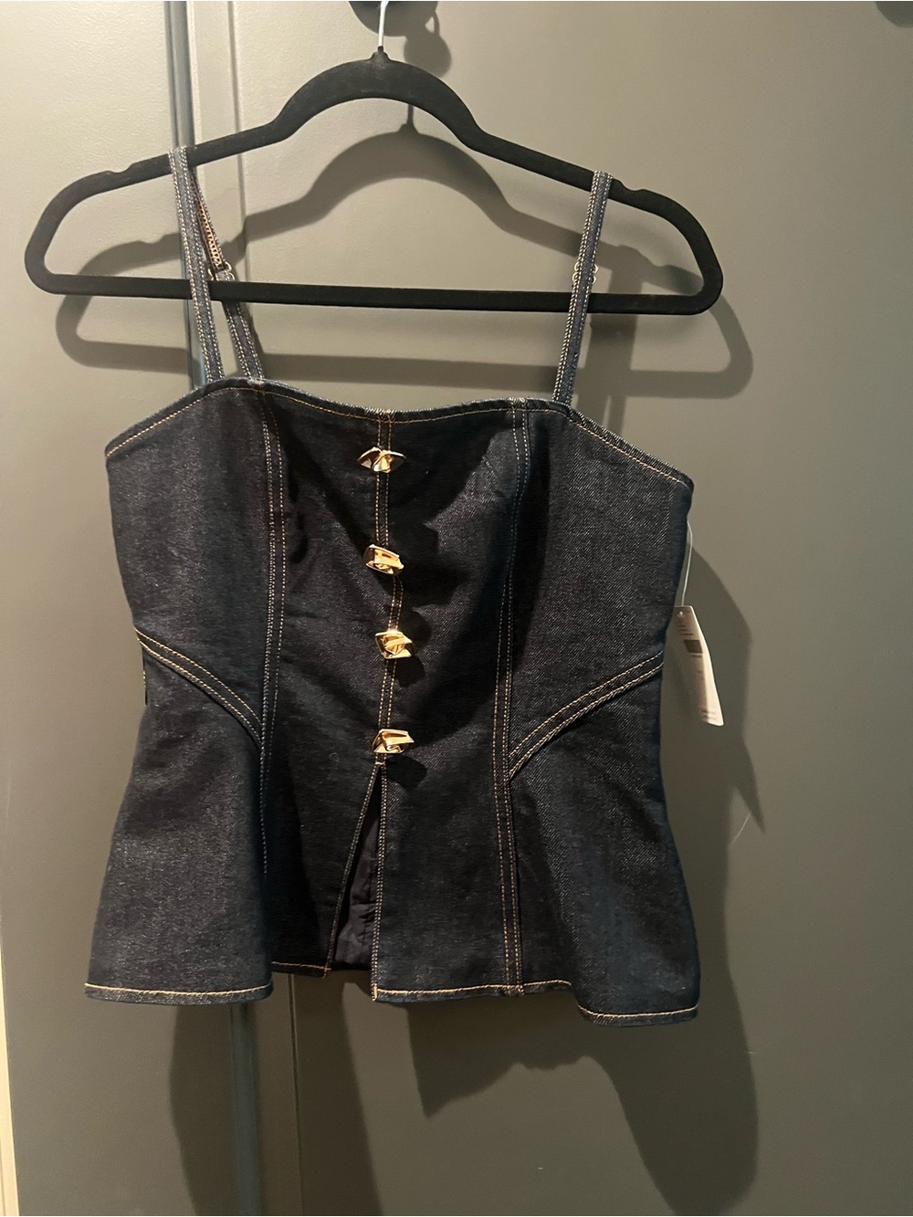 Avec Les Filles Dark Blue Denim Corset Tank with Gold Buttons